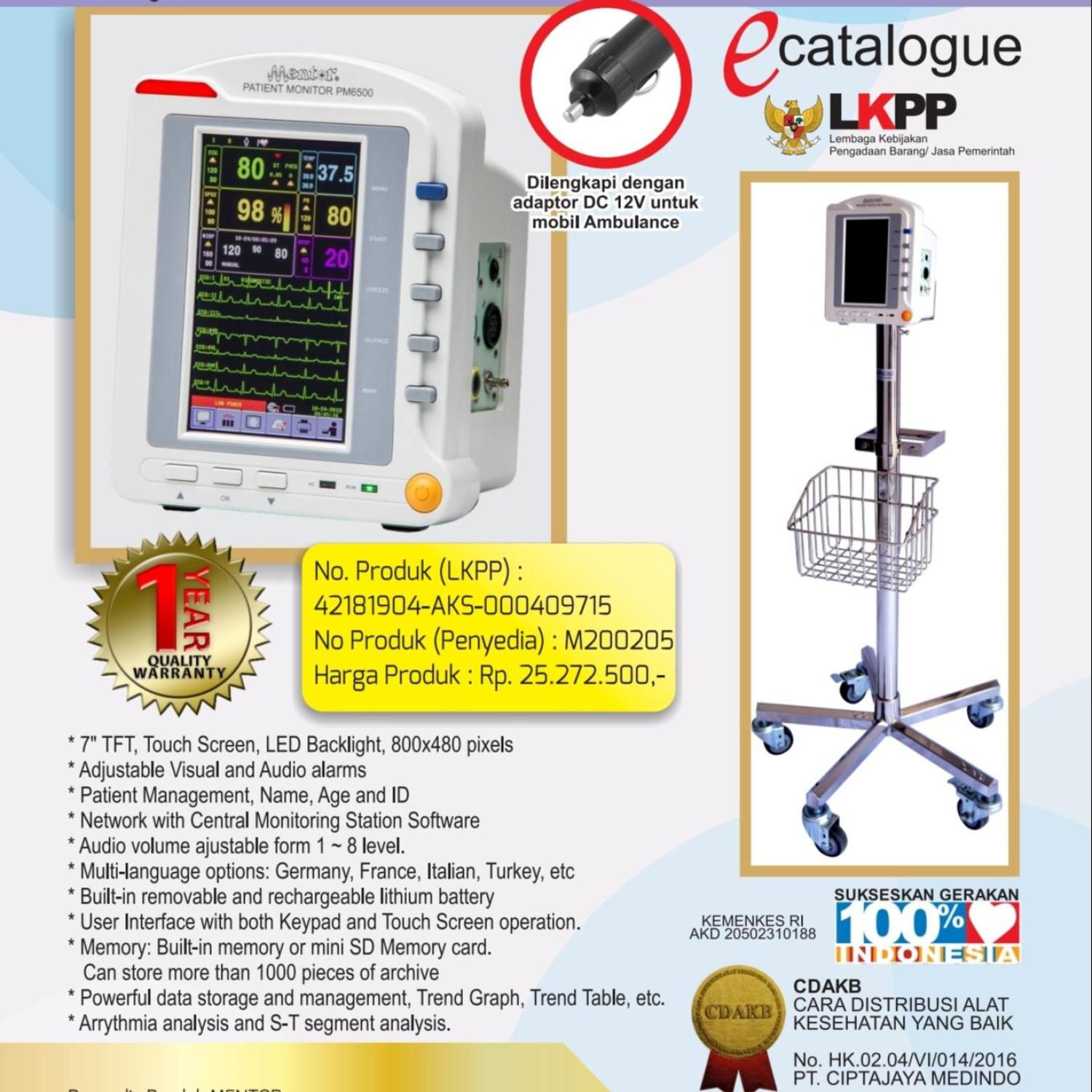 MENTOR Bedside Monitor / Patient Monitor 7" PM-6500 + Mobile Stand Stainless Steel