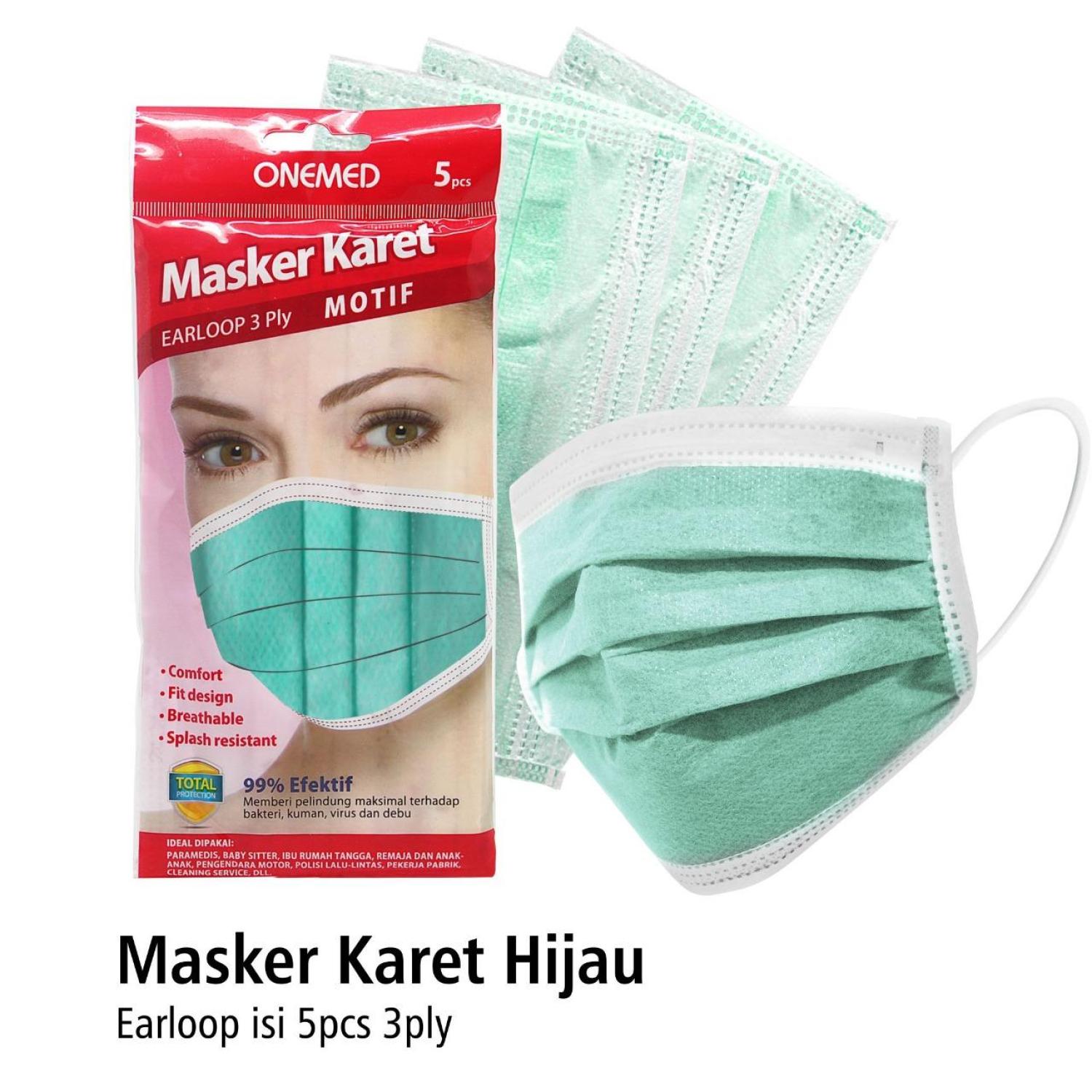Masker karet Hijau 3ply isi 5pcs OneMed