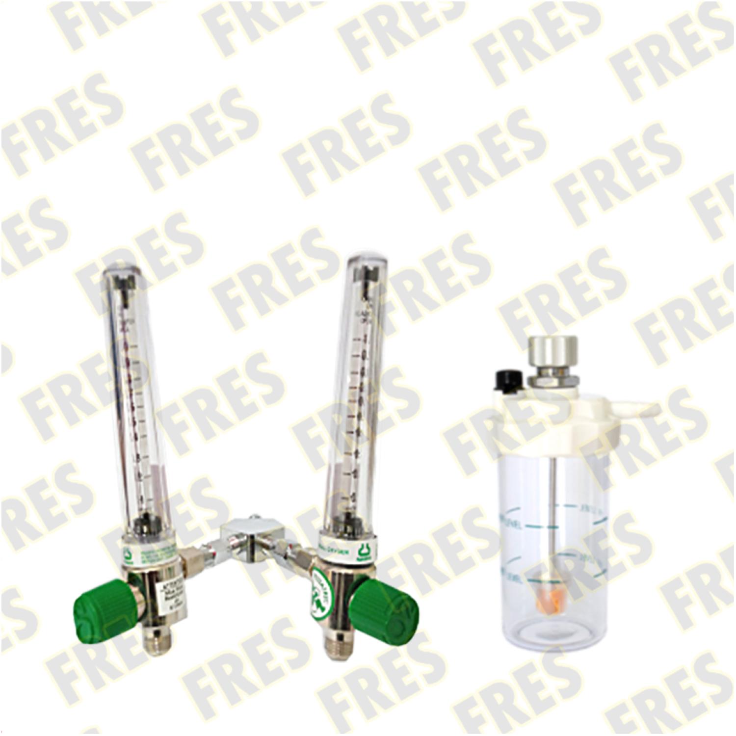 PAHSCO TWIN LOW FLOWMETER OKSIGEN 0,1 -1,0 LPM FULL SET WITH REUSABLE HUMIDIFIER 135 ML AND ADAPTER
