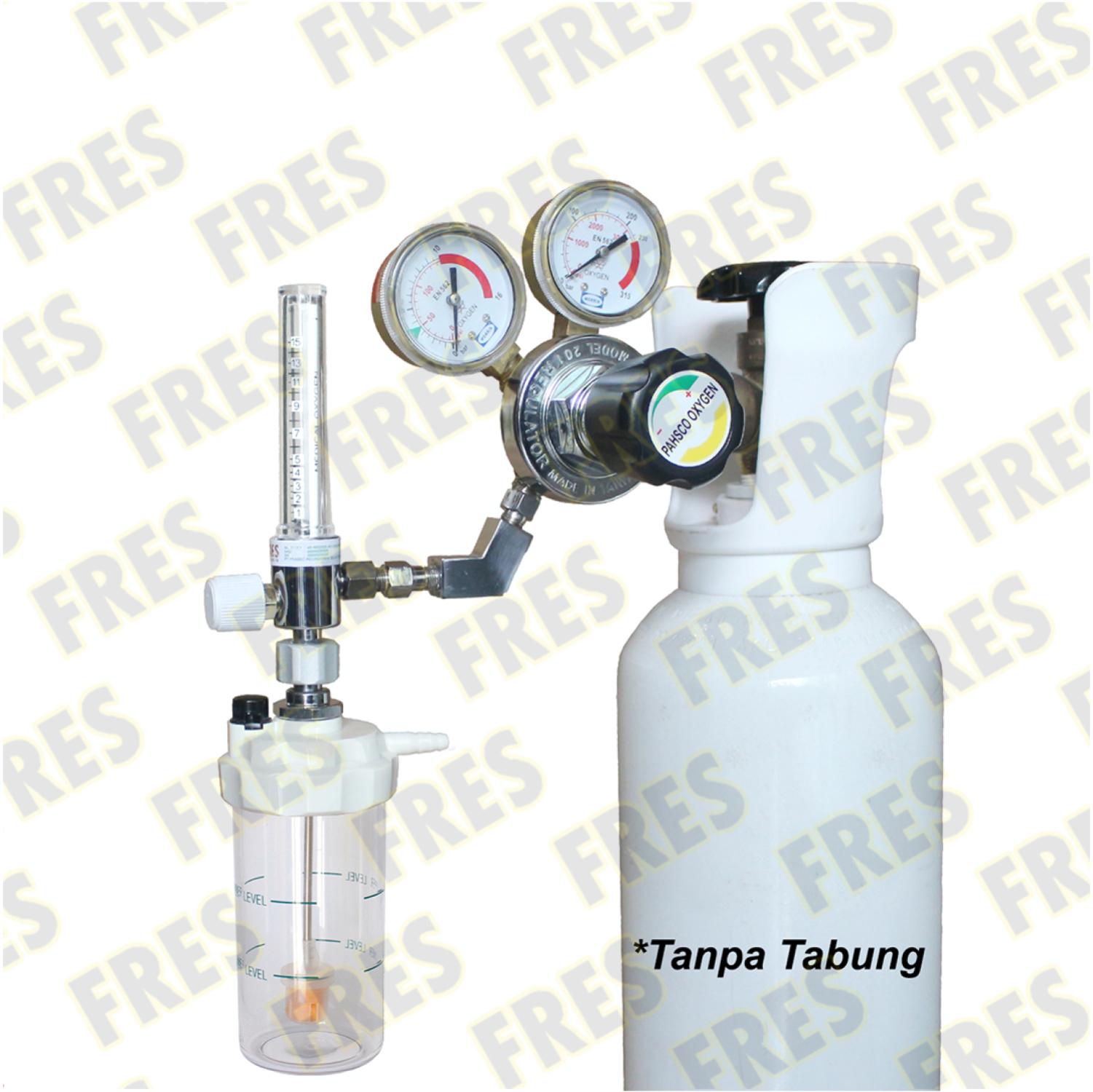 FRES REGULATOR FLOWMETER OKSIGEN DEWASA 0 - 15 LPM LENGKAP TABUNG OKSIGEN + TROLY + HUMIDIFIER 135 ML